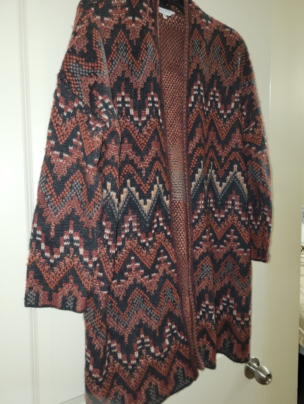 Lucky Brand Open Cardigan Sweater Large Red Black Aztec Tribal Knit Long Wool.